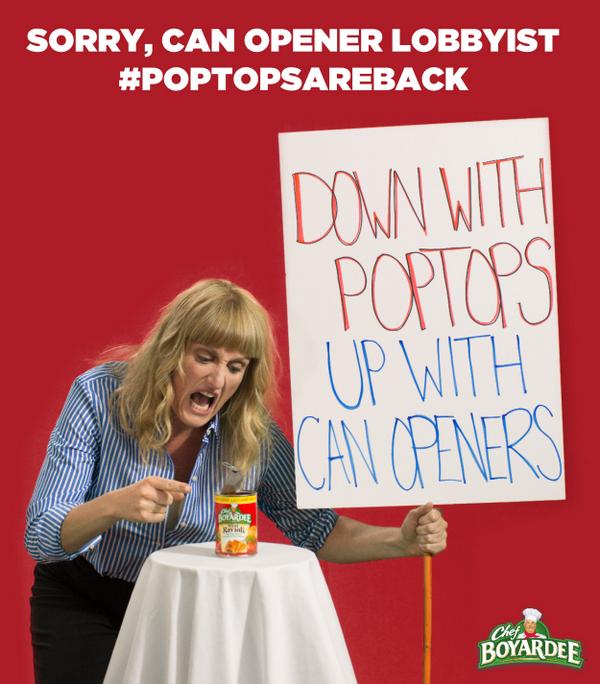 ChefBoyardee's tweet photo. Can Opener Lobbyist knew she'd lost the vote when she found out that Chef Boyardee #poptopsareback. http://t.co/6k1OgfX5Yx