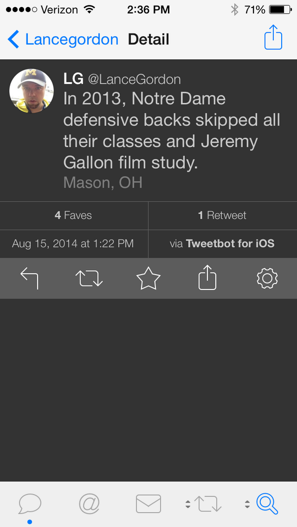 UMichFball's tweet photo. The best ND scandal joke so far easily belongs to @LanceGordon. http://t.co/yPSt9nLU1M