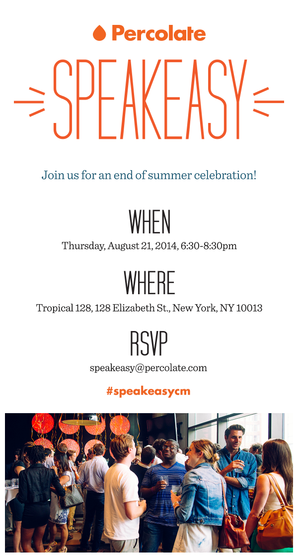 SPEAKEASYCM's tweet photo. Our #CommunityManager Speakeasy is a great way to #network with CMs and get to know the friendly faces at @Percolate! http://t.co/m9qXD3obBE