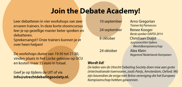 UDSDebating's tweet image. Geef je op voor de Debate Academy! Een serie van 4 workshops om geweldig te leren debatteren utrechtdebatingsociety.nl/doe-mee-debate…