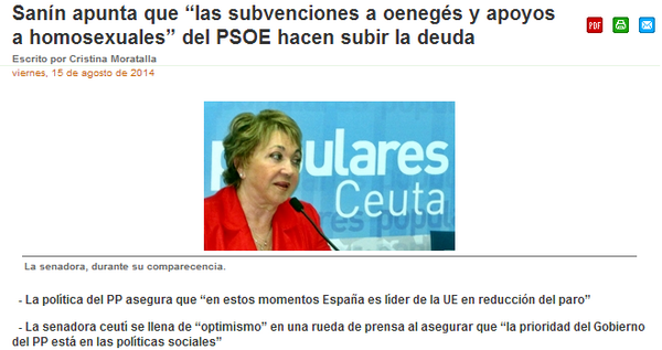 itoguille's tweet photo. ATENCIÓN: "La deuda sube por las subvenciones a homosexuales y ongs" Luz Sanín, senadora del PP. #Asco http://t.co/lwLQ4gUMHs