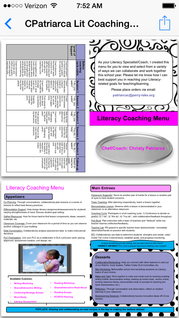clpatriarca's tweet photo. Ways we can collaborate! Literacy Coaching Menu - Elementary Version #plspd2014 #tcrwp http://t.co/khleEljb3G