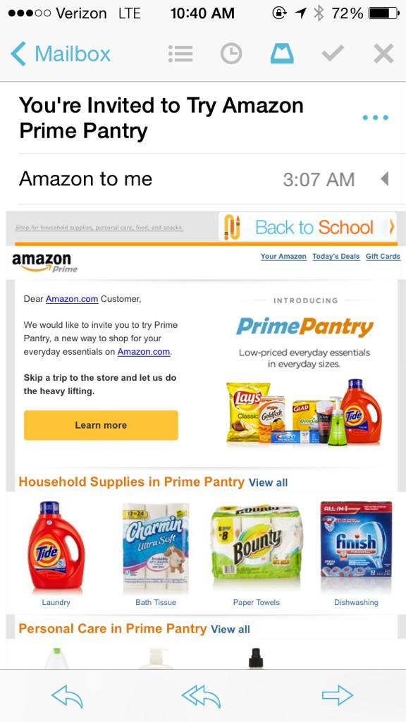 TmarTn's tweet photo. Amazon Prime Pantry. Absolutely no reason to leave the house now http://t.co/YVNcDsZaWb