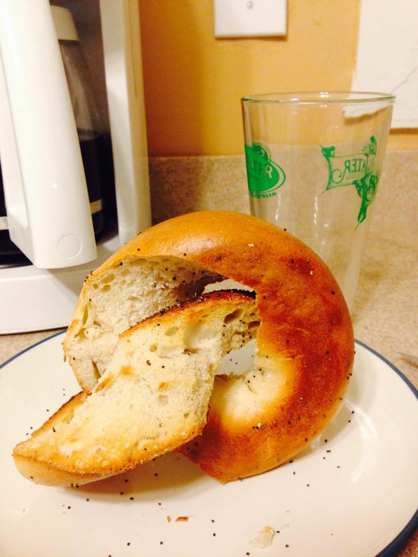 dbcuster's tweet photo. cutting a bagel in half so they're joined through the holes - breakfast win http://t.co/lf9iHEGAUa