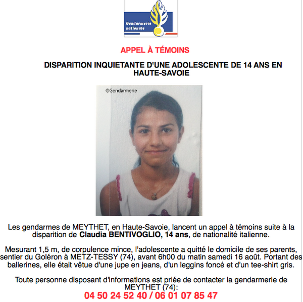 Gendarmerie's tweet photo. ❗#AppelàTémoins lancé suite à la disparition inquiétante de Claudia, 14 ans, en Haute-Savoie http://t.co/r3ypaTUfAR