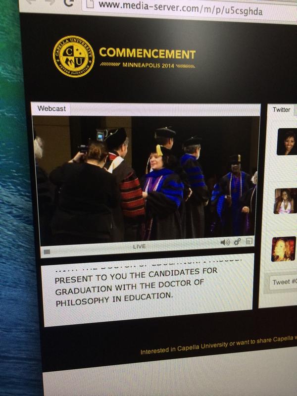 QDM_85's tweet photo. Dr Rosie Van Patten's Plymouth family loving the live stream stage walk for the diploma! #CapellaGrad http://t.co/Xj9jHsjKfM