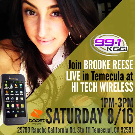 991KGGI's tweet image. Join @BrookeReese today in Temecula at #HiTechWireless 1p-3p! Free @Angels tix &amp;amp; more!