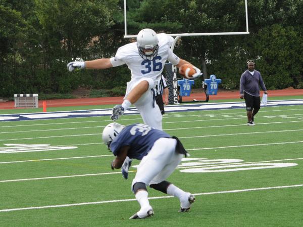 MUHawksFB's tweet photo. As promised, here's Brendan Wharton's leap over a defender in today's scrimmage #FlyHawks http://t.co/a0dJavdxoi