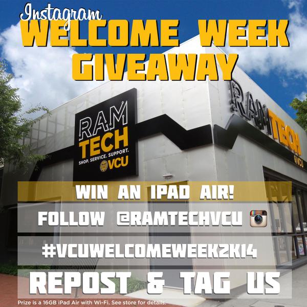 RamTechVCU's tweet image. Want a chance to win a 16GB iPad Air with Wi-fi?? Follow us on Instagram @RamtechVCU #VCUwelcomeweek2k14
