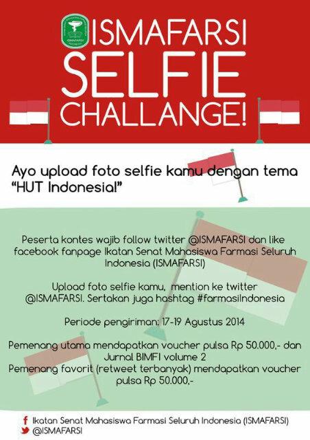 Yukk <a href="/FarmasiUMY2012/">Farmasi UMY 2012</a> ikutan  Ismafarsi Selfie Challange |tema "HUT Indonesia" |upload <a href="/ismafarsi/">Ikatan Senat Mahasiswa Farmasi Seluruh Indonesia</a> | 17-19 agust '14