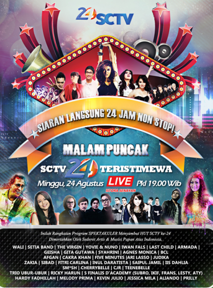 SCTV's tweet photo. MALAM PUNCAK #HUTSCTV24 TERISTIMEWA
Minggu, 24 Agustus 2014 ll 19.00 WIB ll LIVE dari Istora Senayan, Jakarta. http://t.co/CVi3kPZPK9