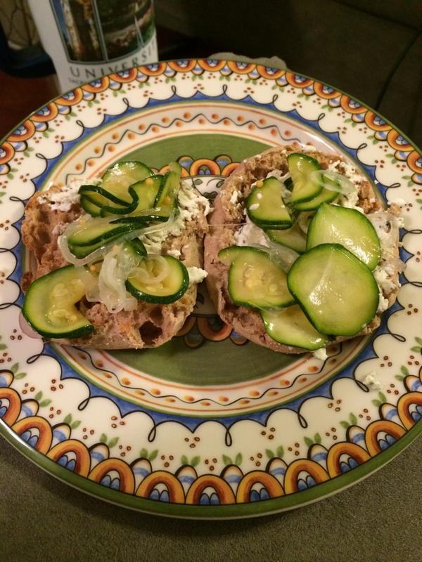 ProfoundWords's tweet image. Made pickles last night with zucchini from @SodaCitySC! Perfect snack with some Trail Ridge goat cheese :)