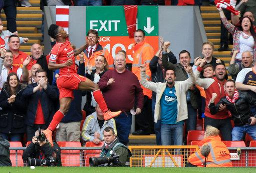 Liverpool's tweet photo. Great pic of Sterling celebrating his goal for #LFC... http://t.co/yZ3NXKgIop