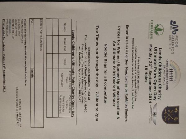 Ultimate Pairs Open <a href="/MoorAllertonGC/">Moor Allerton GC</a> 22nd September for @LeedsChildrensC
Enter as 2men,rabbits,ladies
<a href="/charitygolfhour/">charitygolfhour</a>