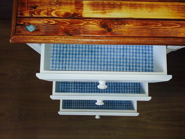 RichardJDesigns's tweet image. Distressed dresser made from recycled materials; gingham drawer bottoms and a small teapot detail.