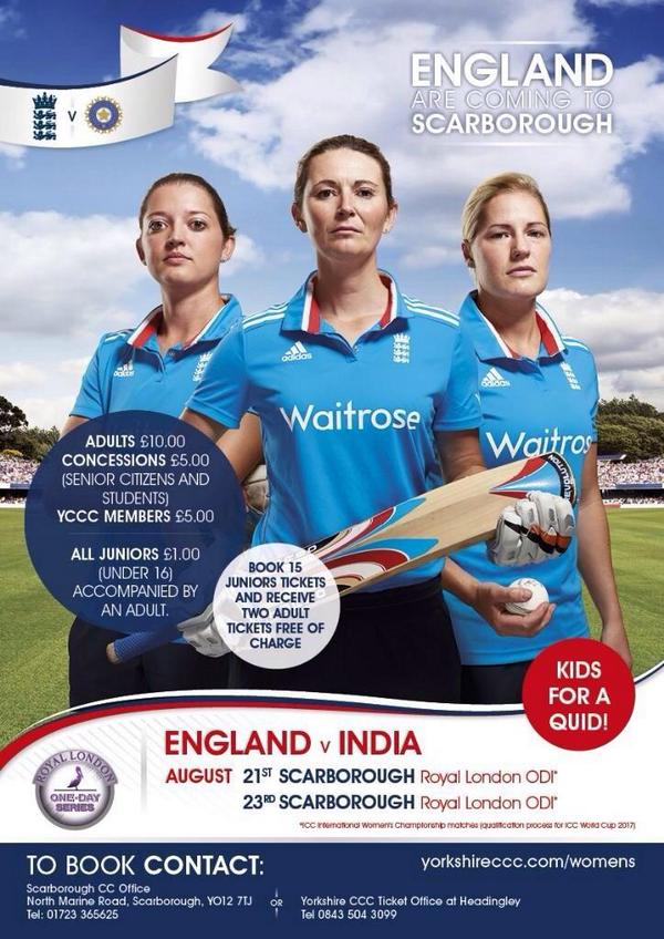Get yourself to <a href="/ScarboroCricket/">Scarborough CC</a> on 21/23 Aug for ENG Women ODI <a href="/ConnorCricket/">Clare Connor</a> <a href="/Yorkshireccc/">Yorkshire CCC</a> <a href="/YorkshireWomen/">Yorkshire Womens CCC</a> <a href="/YPSport/">Yorkshire Post Sport</a>