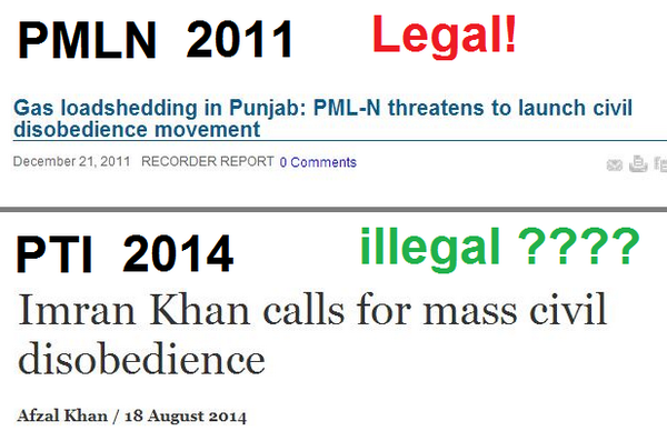 SuleimanAliKhan's tweet photo. If PMLN threatens #CivilDisobedience, its LEGAL, if PTI than its ILLEGAL.. 

#WTH?

Report-> http://t.co/k6hrOneTDb http://t.co/PvWj83rnLY