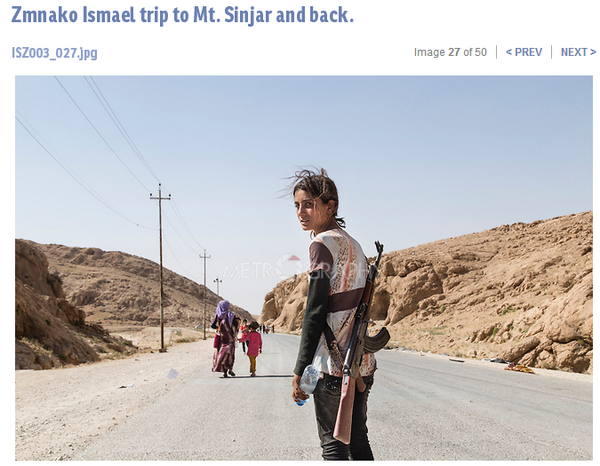 14 year old Yazidi Girl carries an assault rifle in Iraq. Tweeted by @ioannmaria, screen cap from some horribly designed slideshow site, but the extra text makes for nice cyber-atmospherics. Make mine an AK