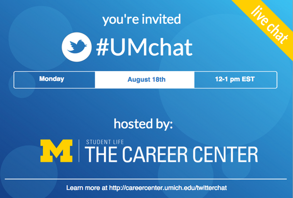 careercenter's tweet photo. [Reminder] Campus recruiting is getting ready to start!

Q&amp;A tomorrow from 12-1 pm #UMchat http://t.co/rJG3JyfhpE