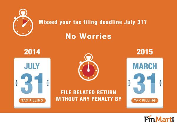 FinMartcom's tweet photo. Missed your Tax-Filing deadline ?
File Penalty free Belated Return by 31/03/2015.
#FinMart #TaxFiling #importantdate http://t.co/JenRcH63nf