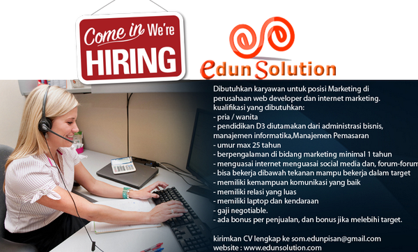 EdunSolution's tweet image. Lowongan Pekerjaan Untuk posisi Marketing di Perusahaan Internet Marketing &amp;amp; web Developer