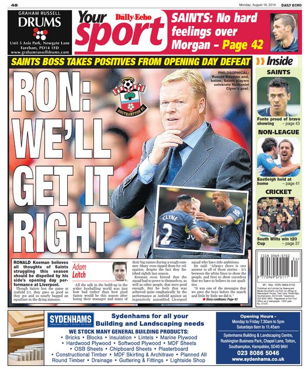 dailyechosaints's tweet photo. Today's @dailyecho back page: #saintsfc http://t.co/Q8rWqePHAy
