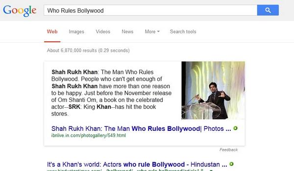 iamshorgo's tweet image. I Googled "Who Rules Bollywood"
&amp;amp;i swear 2 God i didnt edit anything. Google just told D TRUTH #ONLYShahRukhKhanRules