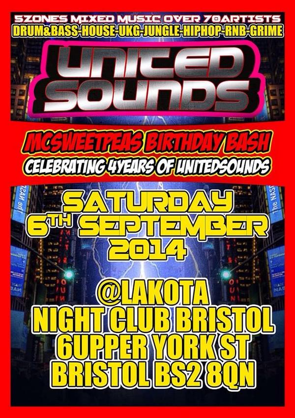 unitedsounds1's tweet photo. SAT 6th September @LakotaBristol 
@rc1sound  @BristolGlist  @BrisLiveTweets  @BRISTOLDNB  @outofhandprint http://t.co/6QWe8fGkmR