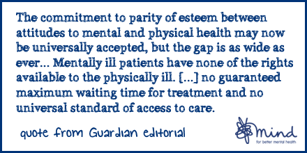 MindCharity's tweet photo. Good to see @guardian addressing the rights gap between physical and mental health. Read more: http://t.co/ntKbZ51sXY http://t.co/YPQurGL6Mh