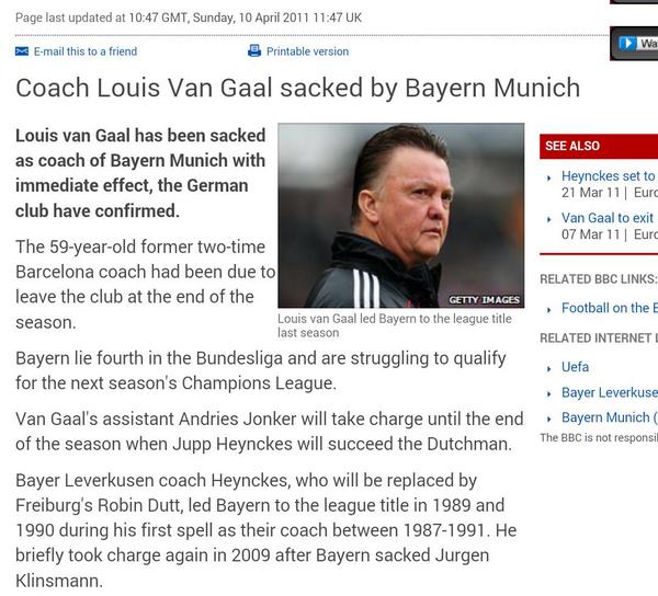 SlowSportsNews's tweet photo. Breaking: Louis Van Gaal has been sacked with immediate effect. http://t.co/ZrQB82OdlV