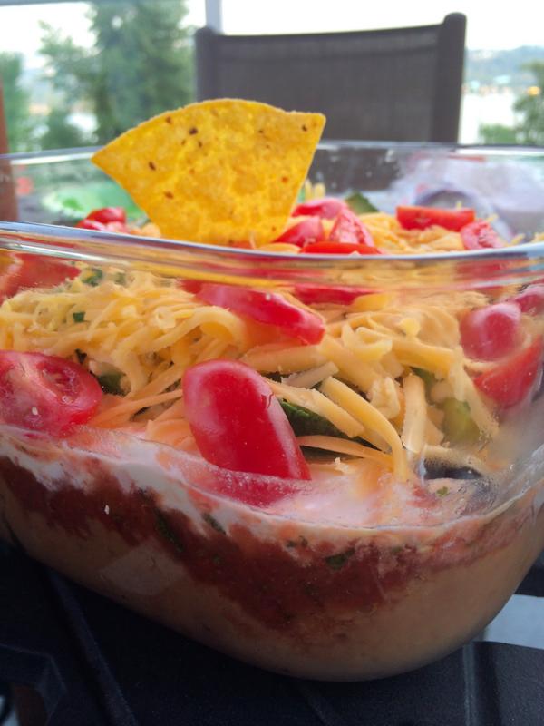 Table365's tweet image. Meatless Monday - No Cook - One Bowl Dinner. 7 layer bean dip! table365.com/qa365/
cheers!