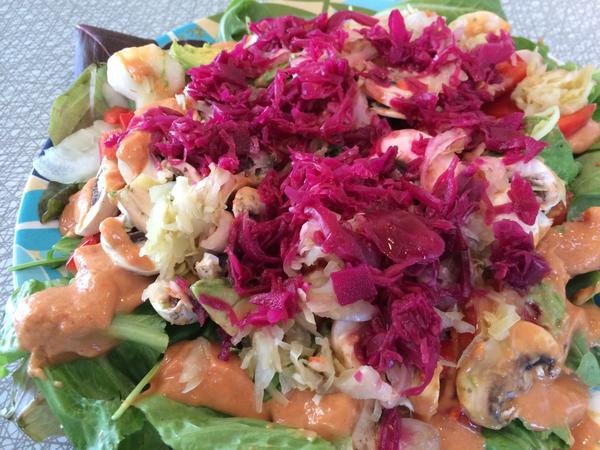lorimaher's tweet image. Day 1 salad challenge - topped with horseradish and beet KRAUT today.