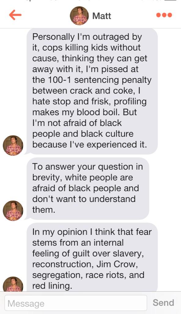Namastekah's tweet photo. I asked my (white) friend why white people seem to not really care about the mike brown thing. He said this: http://t.co/apwGvC3HSB