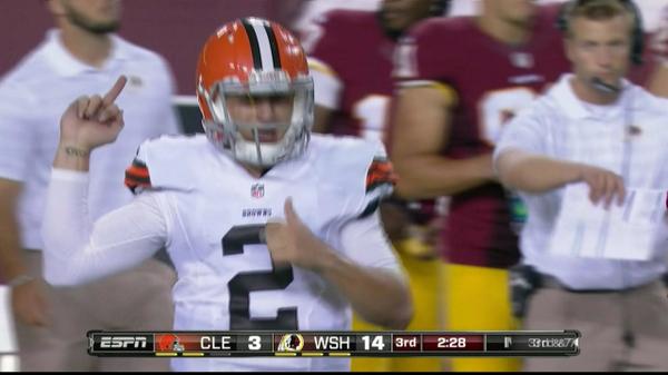 SBNation's tweet image. Here’s Johnny Manziel flipping off the opposition in an NFL game: sbnation.com/lookit/2014/8/…