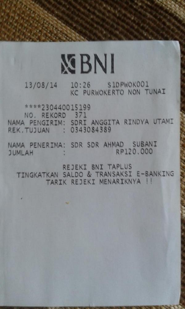 anggitarindya's tweet photo. @PKKFISIP2014 aku udah trf ya kak 120rb a/n anggita rindya utami NIM F1A014042 :) http://t.co/u5q7hAoiKT