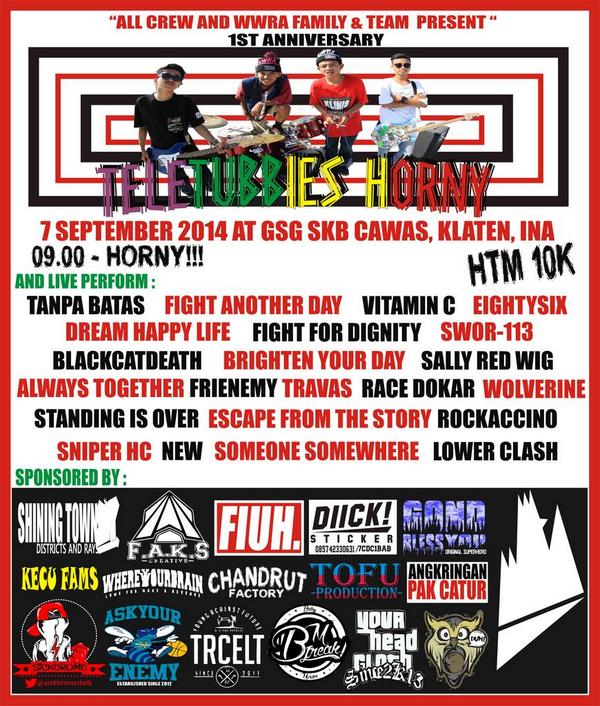 TELETUBBIES HORNY (@thyofficial_) on Twitter photo 7 sept 2014 #1stAnniversaryTH di SKB Cawas HTM 10k with <a href="/ES86_official/">EIGHTYSIX HARDCORE</a> <a href="/allcrew_/">ALL CREW</a> <a href="/WWRAFAT/">worldwiderealabends</a> <a href="/traceeliiot_/">TRCELT x WDGASHIT</a> *party* 7 sept 2014 #1stAnniversaryTH di SKB Cawas HTM 10k with <a href="/ES86_official/">EIGHTYSIX HARDCORE</a> <a href="/allcrew_/">ALL CREW</a> <a href="/WWRAFAT/">worldwiderealabends</a> <a href="/traceeliiot_/">TRCELT x WDGASHIT</a> *party*