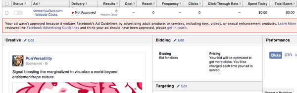 kittystryker's tweet photo. So apparently I can't advertise @ConsentCulture on Facebook because it's deemed a sex site. http://t.co/C8FZHVF7Z1