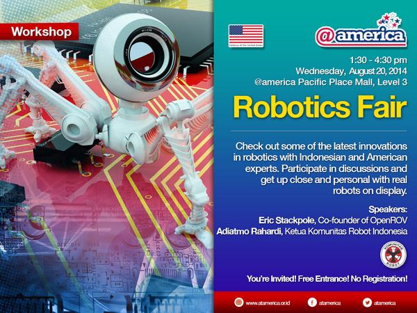 KomunitasRobot's tweet image. Get up close &amp;amp; personal with real robots in #RoboticsFair w/ Indonesian and American experts. @Adi_Robot &amp;amp; @Eerrp