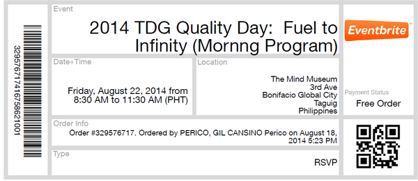 gilperico's tweet photo. @TDGQualityDay14 #TDGsmd 
Yehey. my first tweet me ticket na ko sa TDGQuality Day see you all there... #Fuel2Infinity http://t.co/dCvnJ3CuvA