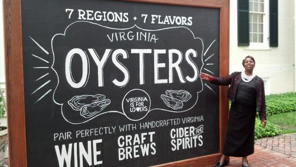 VAShellfish's tweet image. Debra Pratt at Governor's mansion getting ready for an oyster tasting event.