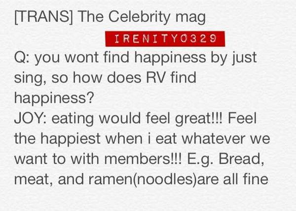 irenity0329's tweet photo. [TRANS] The Celebrity - RV Interview
Q: You won't find happiness by just sing, so how does RV find happiness? http://t.co/YLBC18dT4P