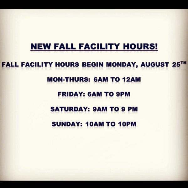 etamucampusrec's tweet photo. Everyone check out our new Fall hours starting Monday, August 25th! #TAMUC #TAMUC18 #KnowYourRec http://t.co/2kvirdzB7y