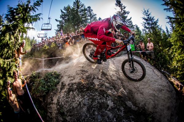 Great shot of #SRAMTLDracing's Walker Shaw ripping during the Canadian Open DH @Crankworx! @svenmartinphoto @SRAMmtb