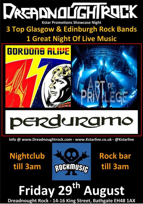 @PulseRock1 band of the week <a href="/Perduramo/">Perduramo</a> with <a href="/artofprivilege/">Art of Privilege</a> <a href="/GordonsAlivegig/">Gordon's Alive!</a> play <a href="/Dreadnoughtrock/">DreadnoughtRock</a> on Friday 29/8