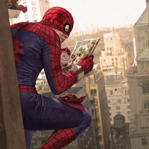 featurelv's tweet photo. Your Friendly Neighborhood Spider-Man Taking A Lunch Break | Illustration By: #DavidMuller http://t.co/5PEBnj89jA