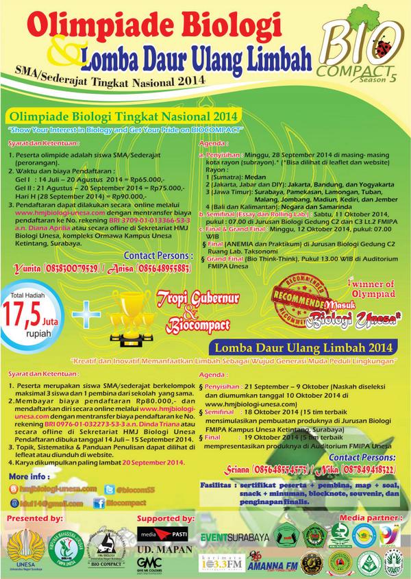 biocomS5's tweet photo. @twittSMAMDA  Yuk ikutan Olimpiade Biologi dan Lomba Daur Ulang Limbah Tingkat Nasional 2014. Total hadiah 17,5jt. http://t.co/GmHeqb2PBI