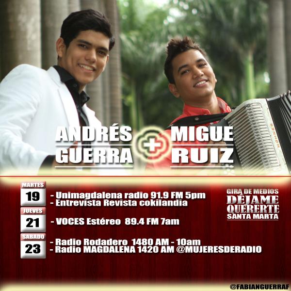 AndresGuerraF1's tweet photo. GIRA DE MEDIOS SANTA MARTA - TOUR - DÉJAME QUERERTE @MigueRuizC1 @FabianGuerraF http://t.co/1tMnMkayUy