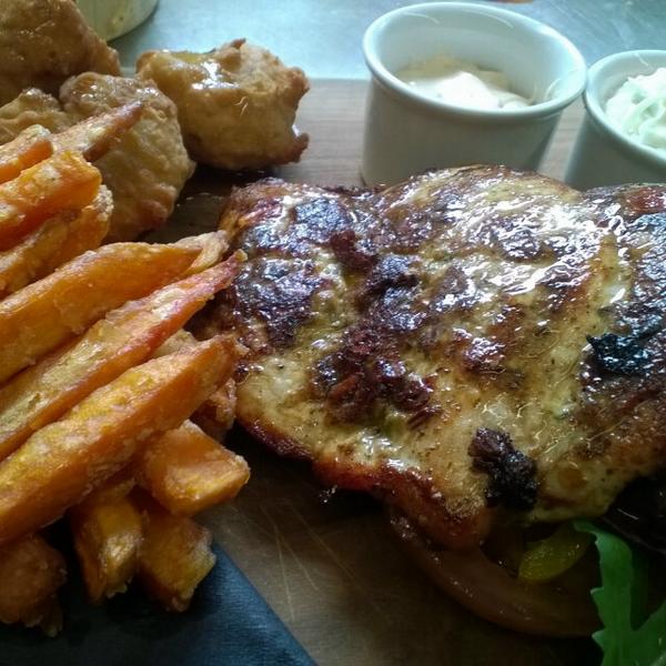 Jamaican jerk chicken vith sweet potato fries and banana fritters#tasty