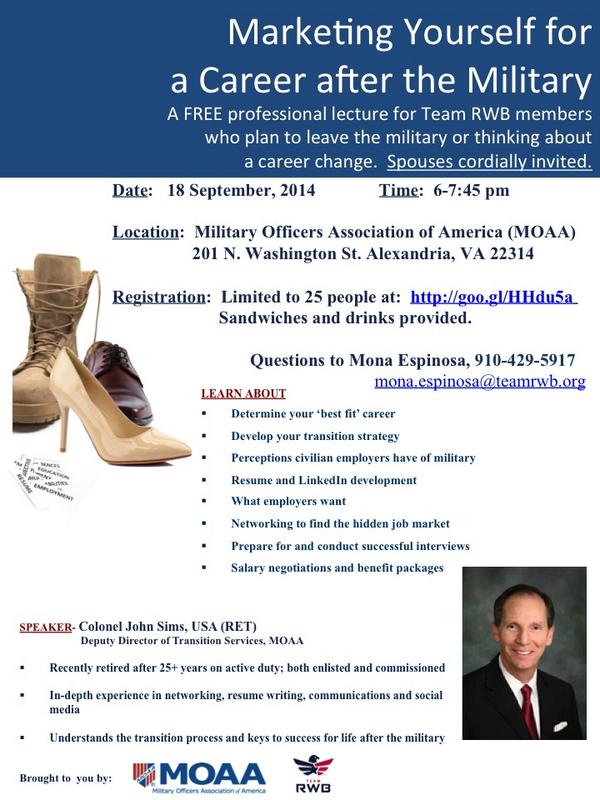 MilitaryOfficer's tweet photo. RT @BrennanMullaney: Great event for @TeamRWBDMV and @TeamRWB led by MOAA's @COLJohnSims on Sept 18th! #EagleUp #vets http://t.co/n3VUkerejF