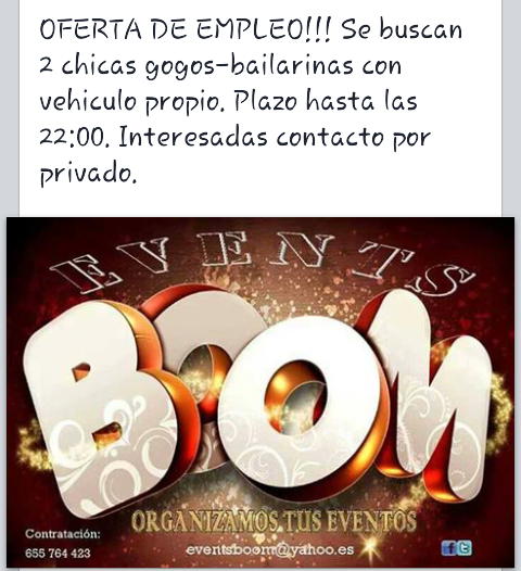 EventsBoom's tweet photo. "Oferta de empleo" Buscamos dos gogos- bailarinas. Zona de caceres o badajoz. http://t.co/YFhVWu8NLY